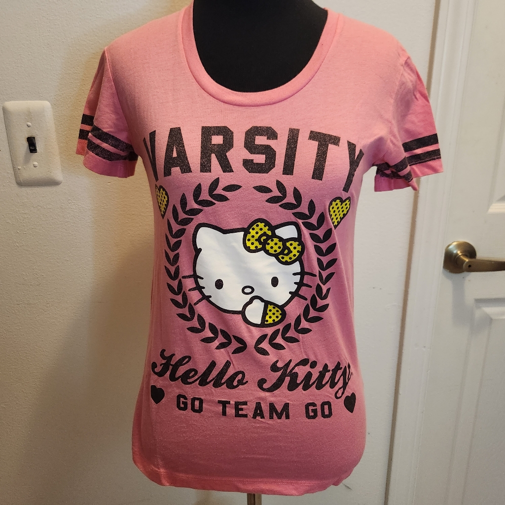 Hello Kitty Pink Varsity Black Lettering Gold Bow Xsmall Short Sleeve Tee Shirt